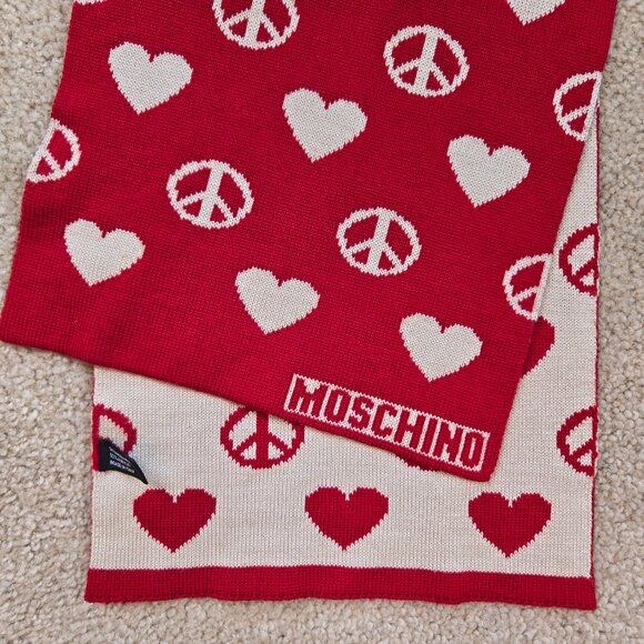 Moschino Peace & Love Hearts Scarf Merino Wool Blend Red White - Picture 2 of 11